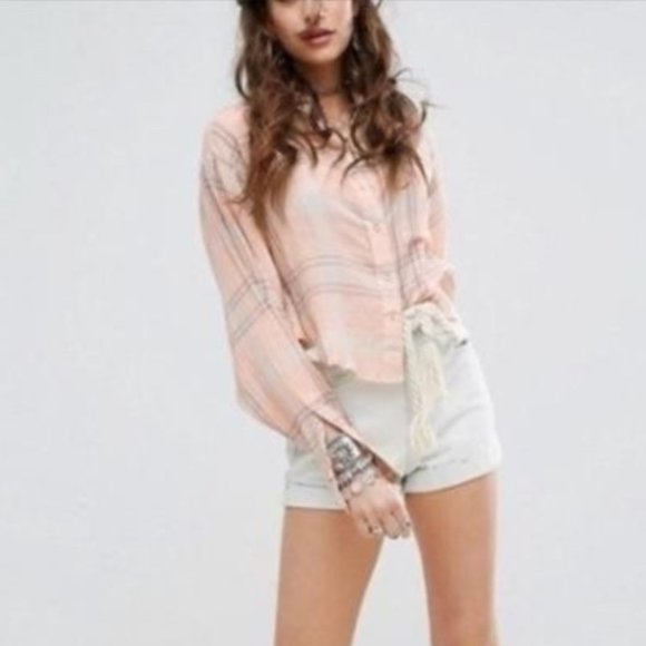 Free People Peach Plaid Cropped Button Up Small - Picture 3 of 7